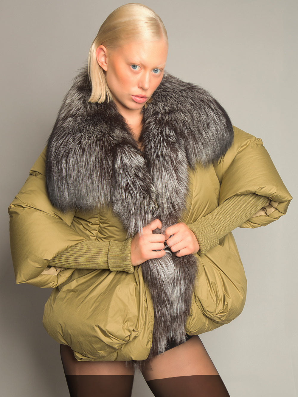 Khaki Oversized Fur Shawl Collar Ribbed Cuff Puffer Jacket