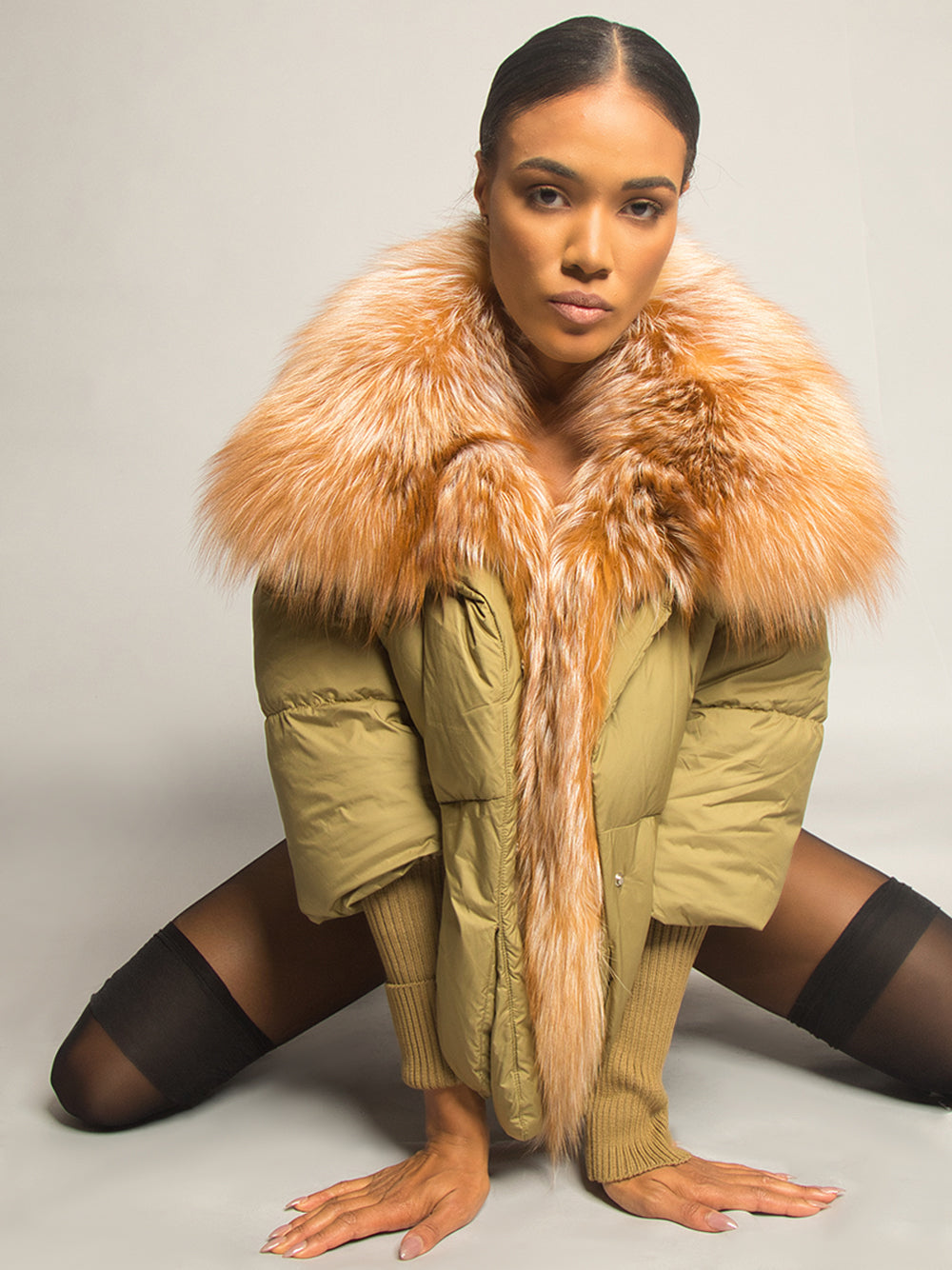Khaki Fox Fur Shawl Collar Ribbed Cuff Puffer Jacket