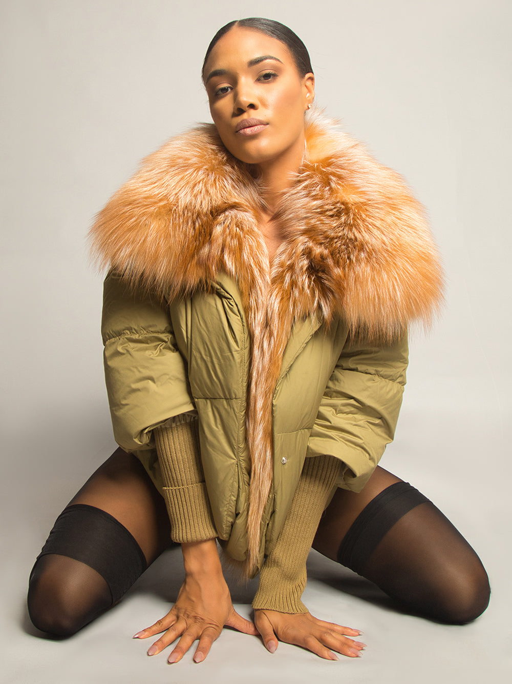 Khaki Fox Fur Shawl Collar Ribbed Cuff Puffer Jacket