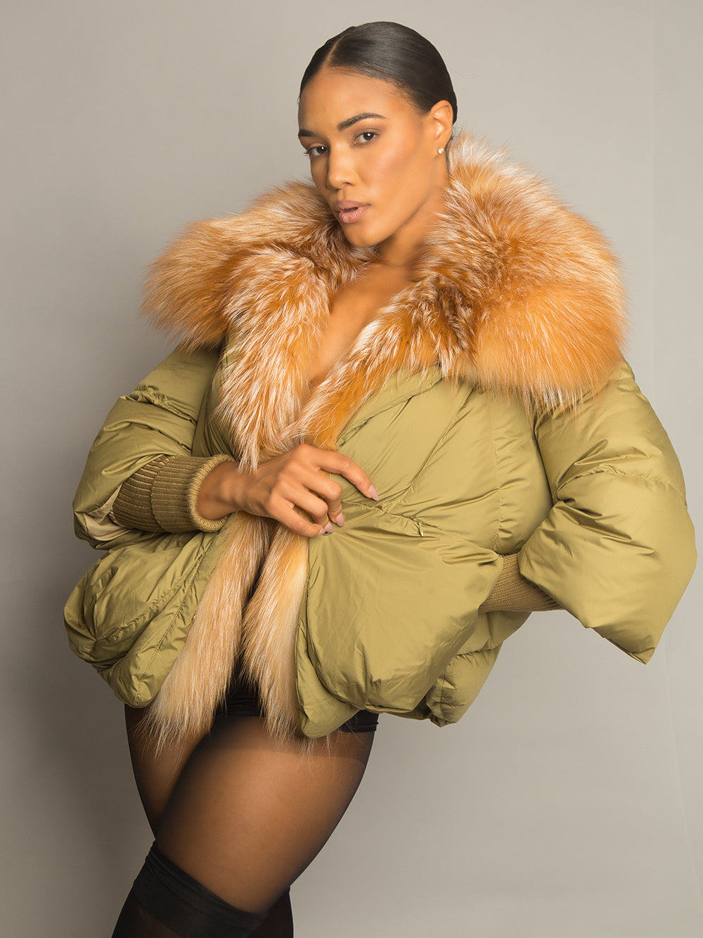 Khaki Fox Fur Shawl Collar Ribbed Cuff Puffer Jacket