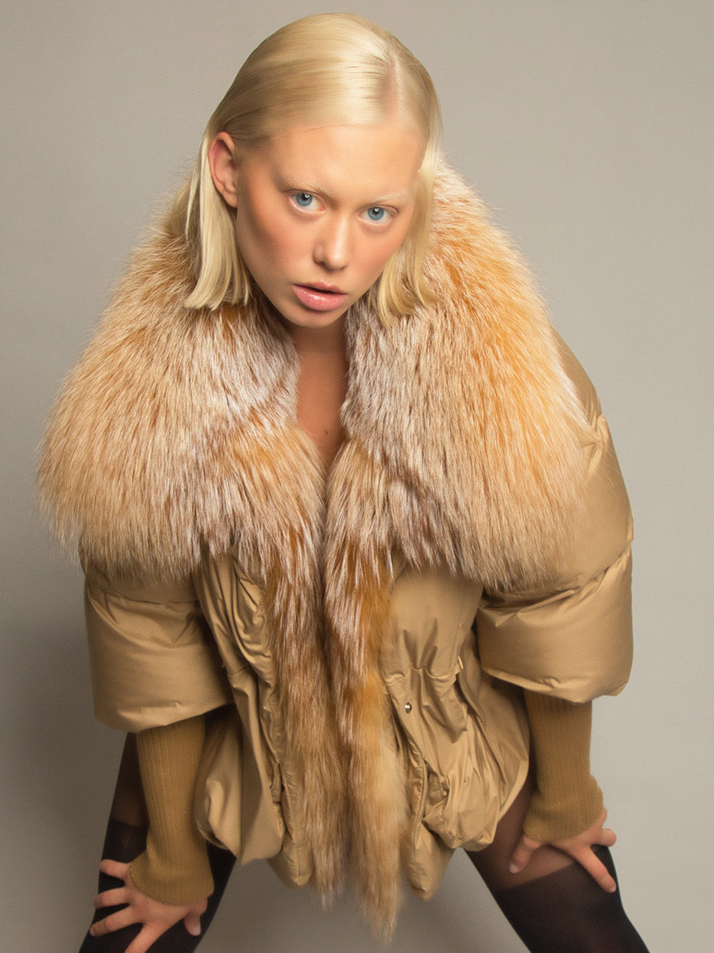 Tan Fur Shawl Collar Ribbed Knit Cuff Puffer Jacket