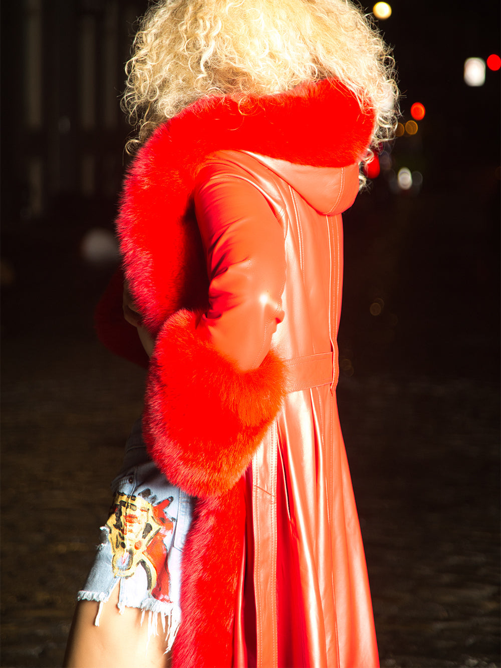 Red Faux Fur Trim Belted Leather Maxi Coat
