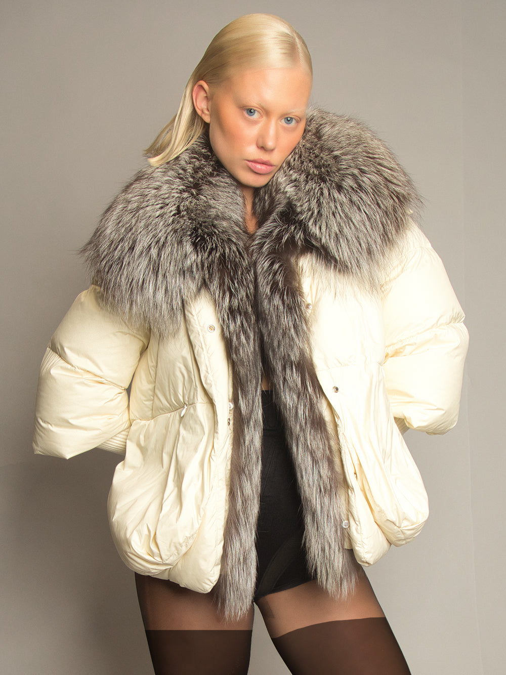 Cream Fur Trim Collar Oversized Puffer Jacket