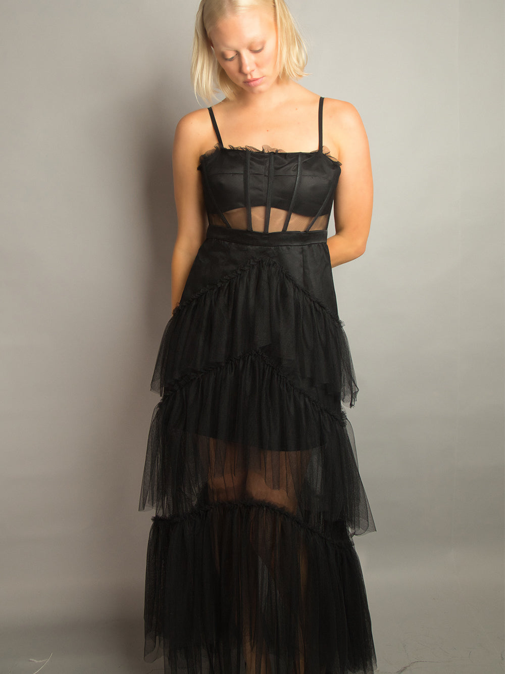 Spaghetti Strap Corset Sheer Tulle Tiered Ruffle Maxi Dress