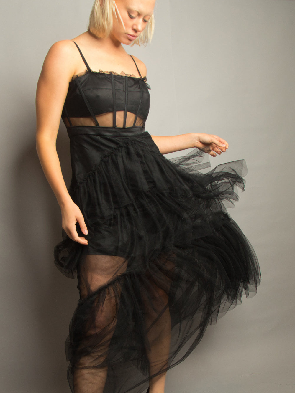 Spaghetti Strap Corset Sheer Tulle Tiered Ruffle Maxi Dress