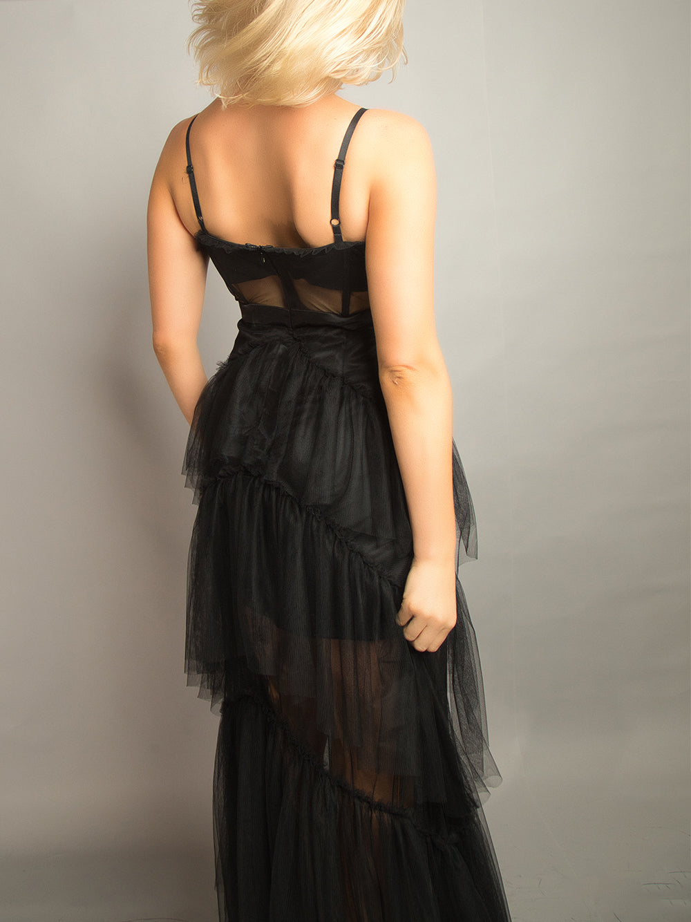 Spaghetti Strap Corset Sheer Tulle Tiered Ruffle Maxi Dress