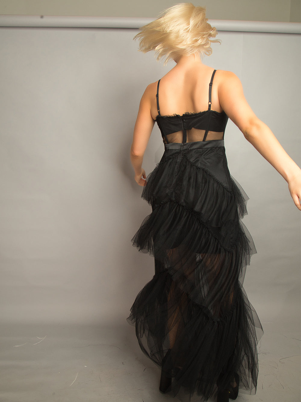 Spaghetti Strap Corset Sheer Tulle Tiered Ruffle Maxi Dress