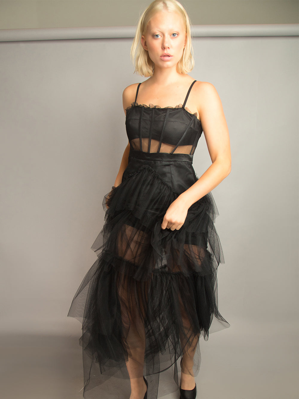 Spaghetti Strap Corset Sheer Tulle Tiered Ruffle Maxi Dress