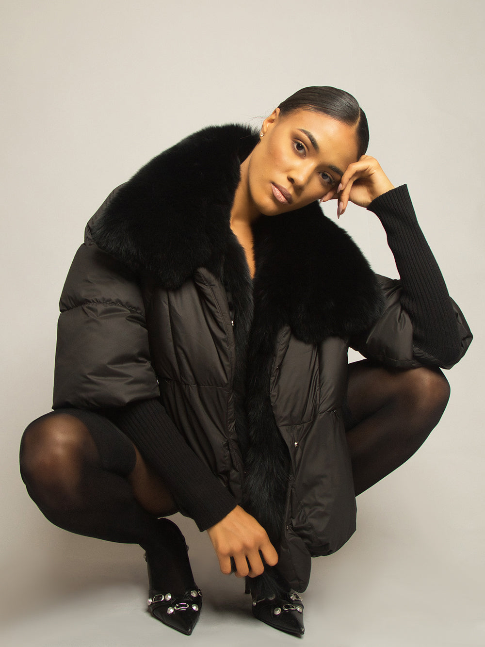 Black Fur Shawl Collar Knit Cuff Puffer Jacket