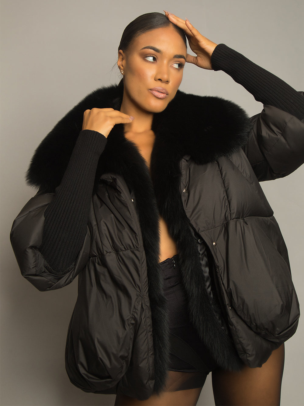Black Fur Shawl Collar Knit Cuff Puffer Jacket