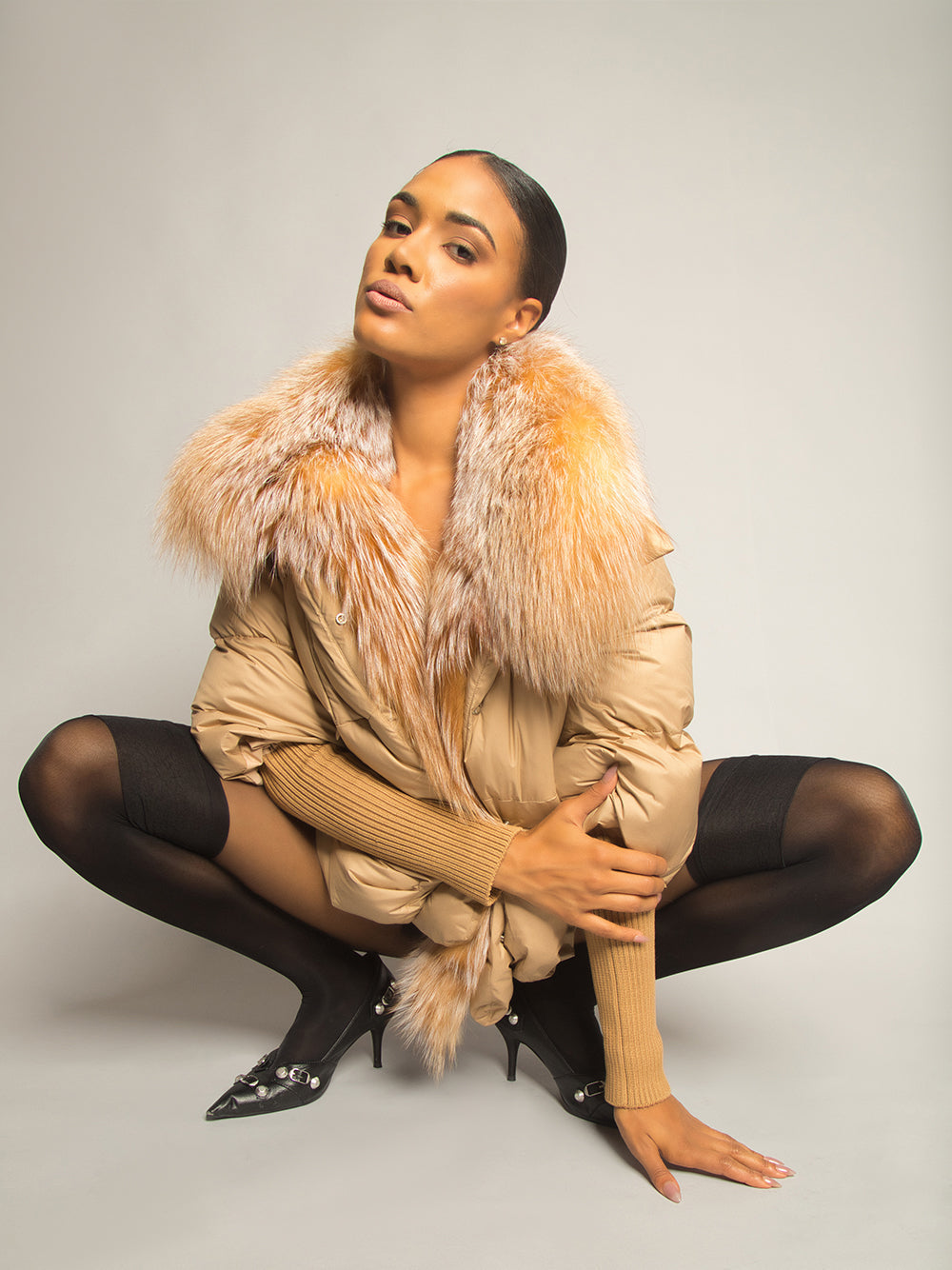Tan Fur Shawl Collar Ribbed Knit Cuff Puffer Jacket