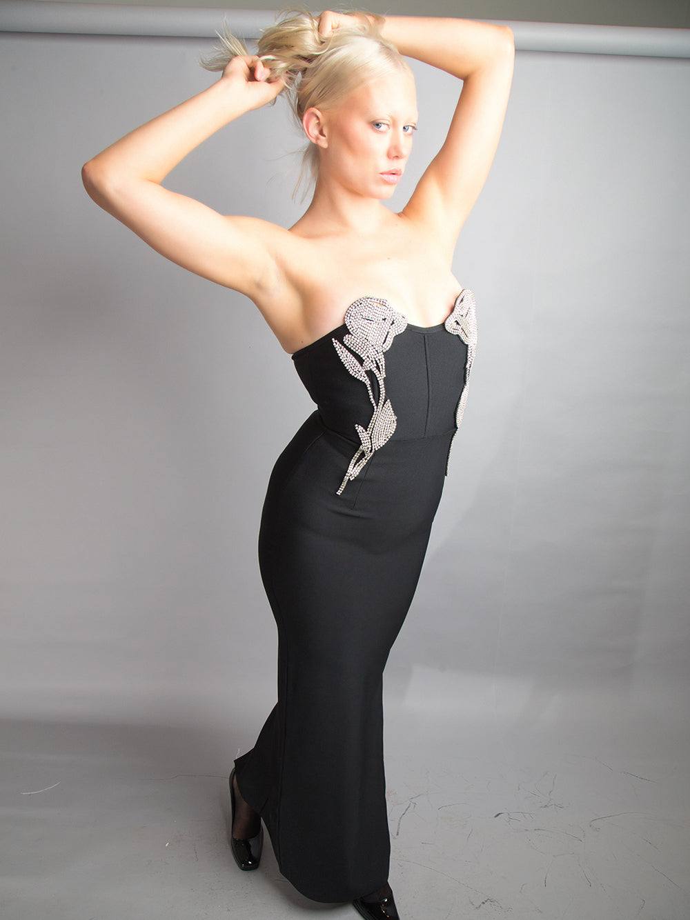 Black Strapless Crystal Rose Applique Bodycon Maxi Gown
