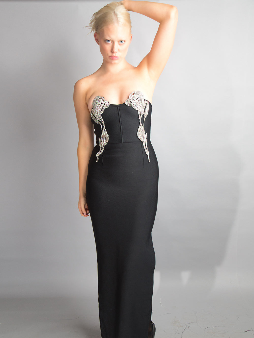Black Strapless Sweetheart Crystal Rose Applique Bandage Maxi Gown