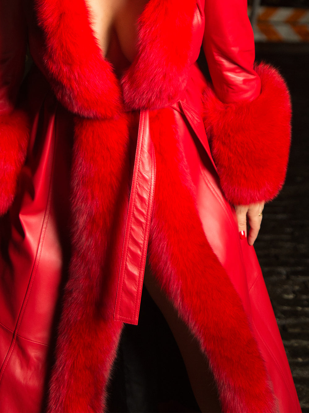 Red Faux Fur Trim Belted Leather Maxi Coat