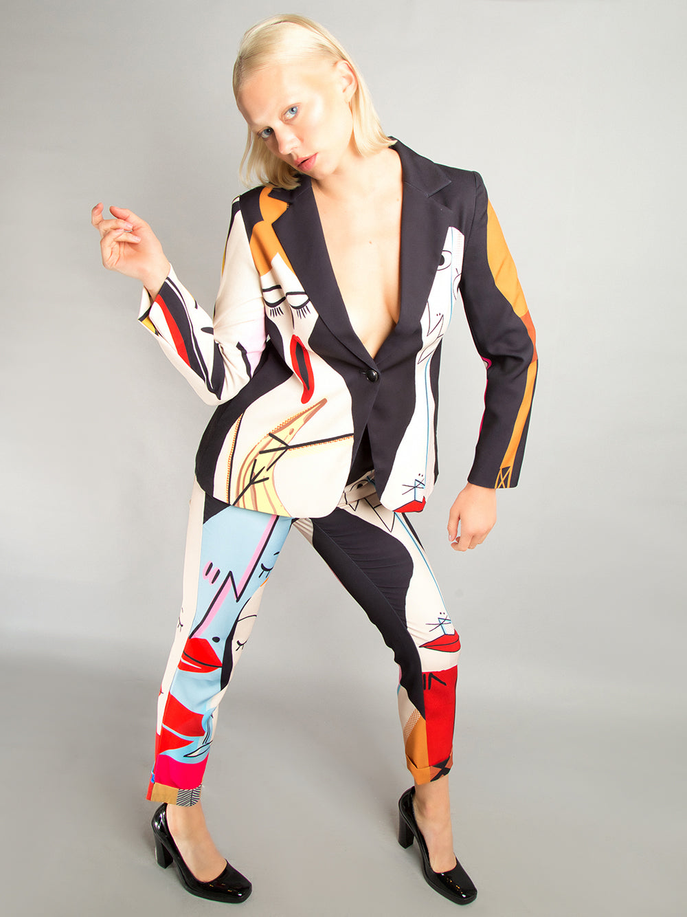 Black Abstract Art Print Blazer And Pants Matching Set