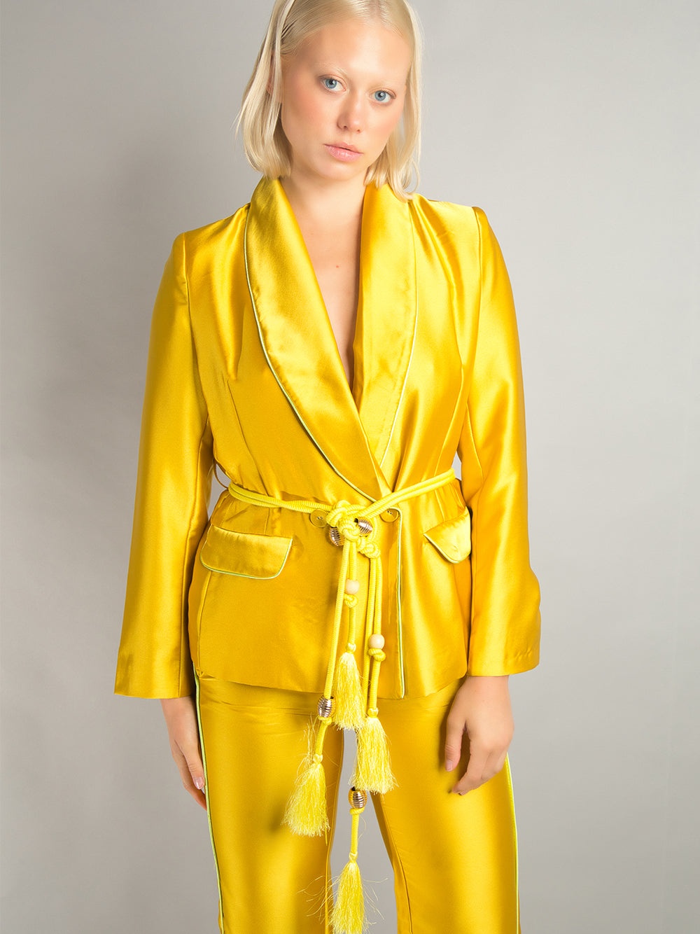 Gold Shawl Lapel Satin Tassel Belt Blazer Pants Set 4