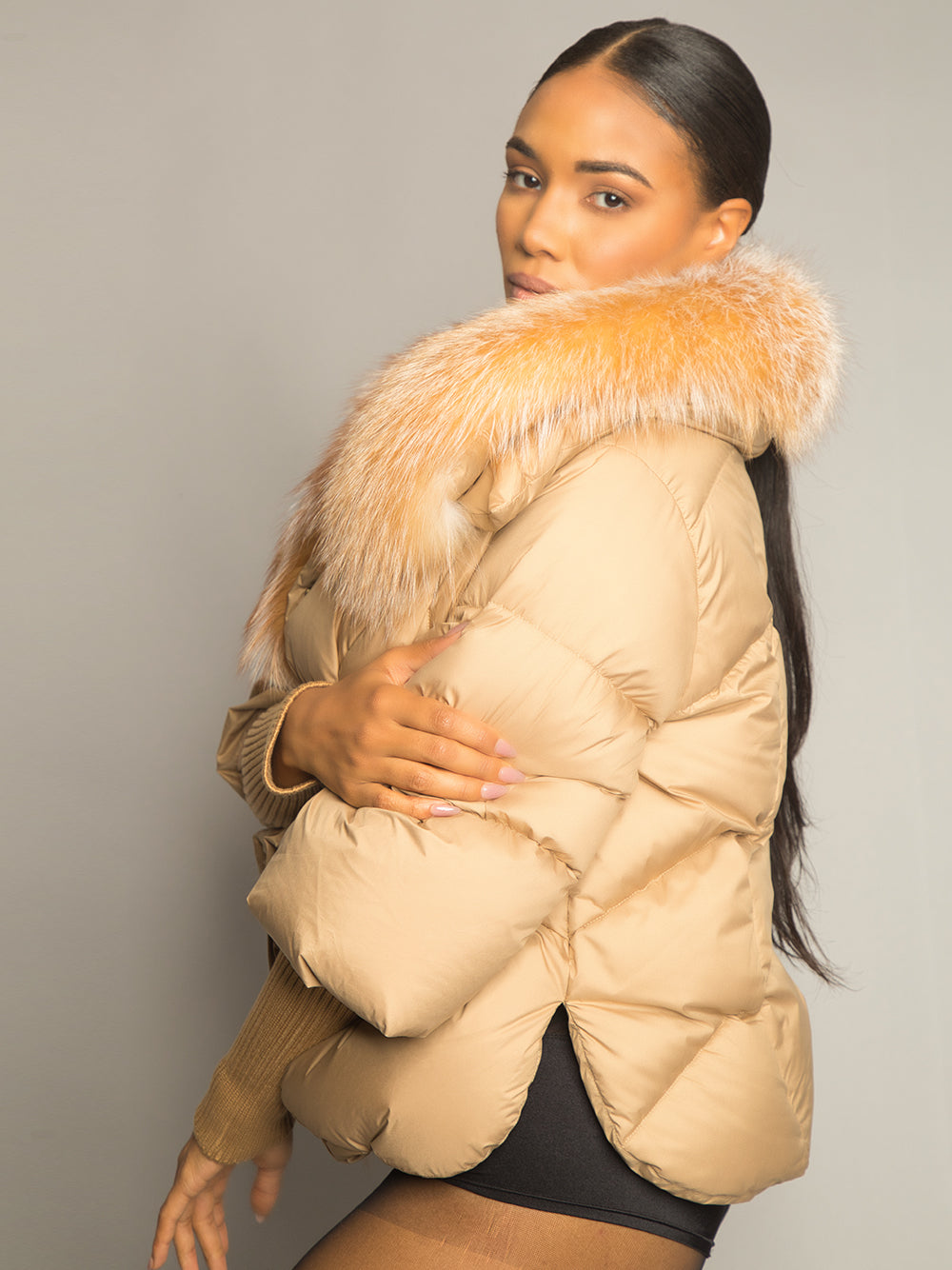 Tan Fur Shawl Collar Ribbed Knit Cuff Puffer Jacket