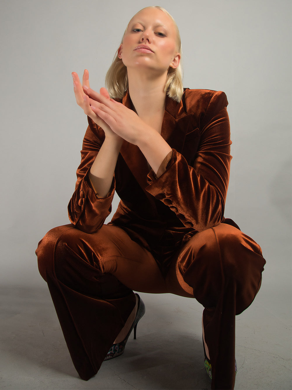 Brown Peak Lapel Velvet Blazer Flared Pants Set