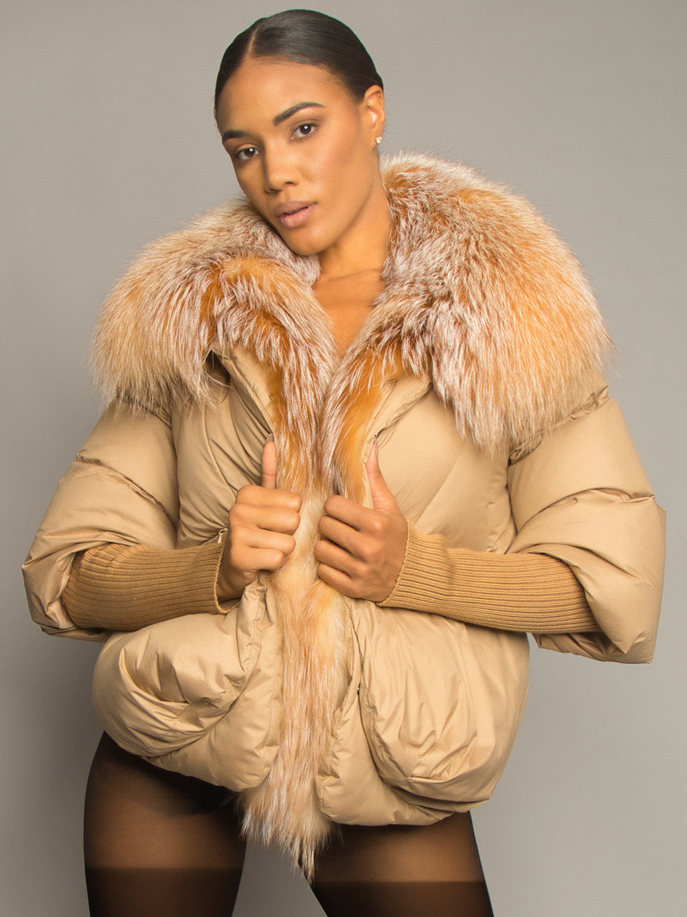 Tan Fur Shawl Collar Ribbed Knit Cuff Puffer Jacket