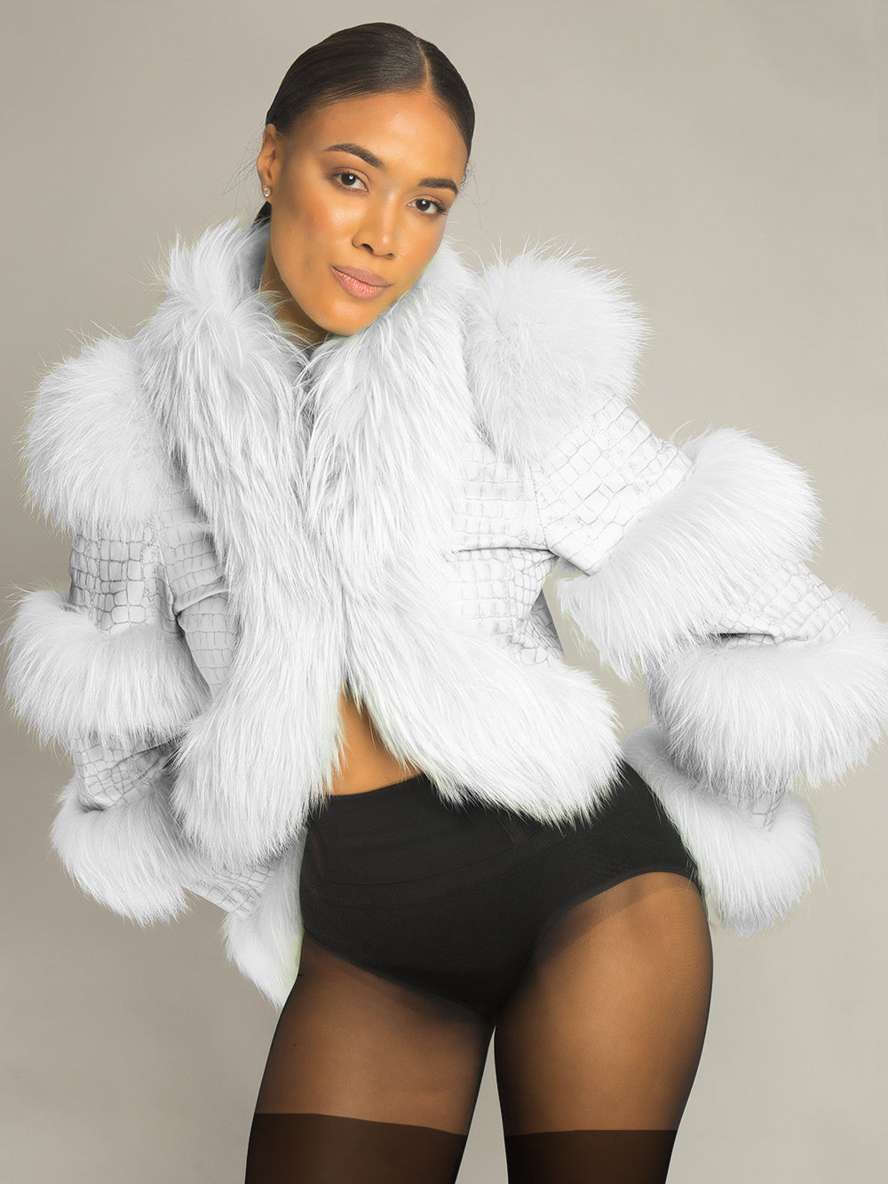 White Faux Fur Trim Croc-Embossed Leather Cropped Jacket