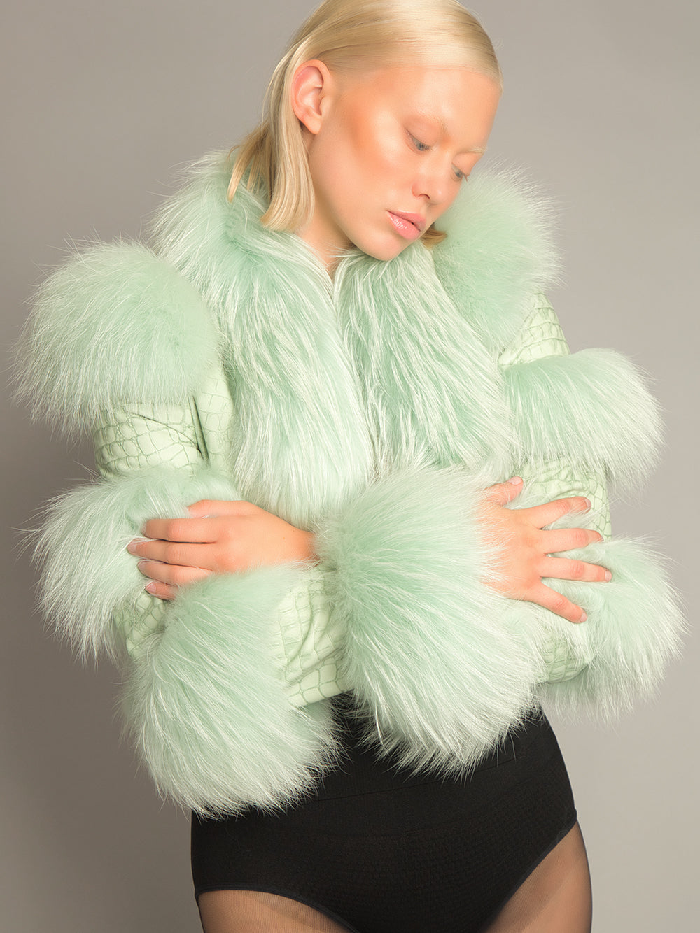 Light Green Faux Fur Trim Croc-Embossed Leather Cropped Jacket