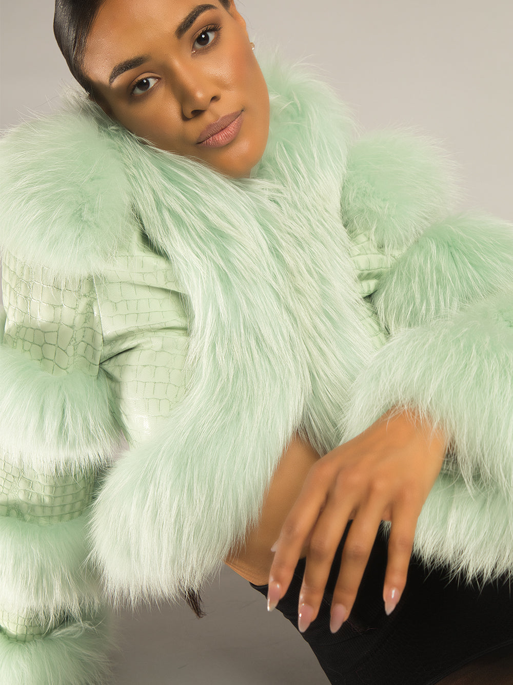 Light Green Faux Fur Trim Croc-Embossed Leather Cropped Jacket