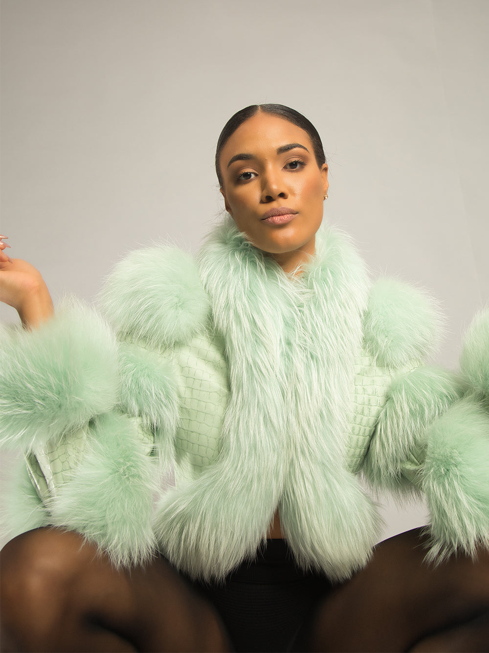 Light Green Faux Fur Trim Croc-Embossed Leather Cropped Jacket