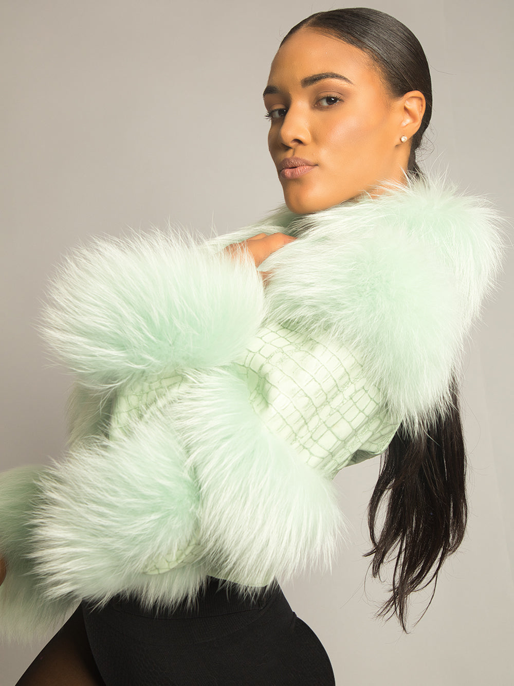 Light Green Faux Fur Trim Croc-Embossed Leather Cropped Jacket