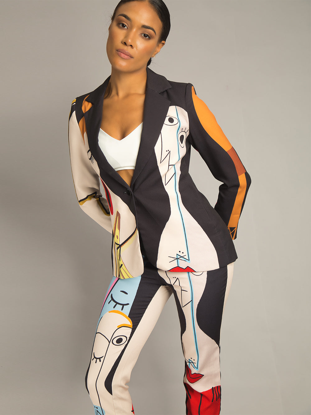 Black Abstract Art Print Blazer And Pants Matching Set