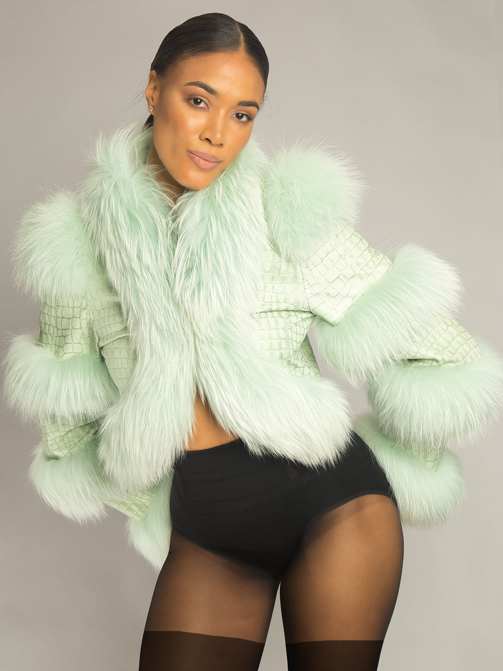 Light Green Faux Fur Trim Croc-Embossed Leather Cropped Jacket