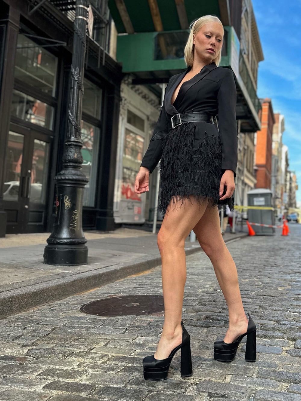 Black Shawl Collar Belted Feather Trim Long Sleeve Blazer Mini Dress