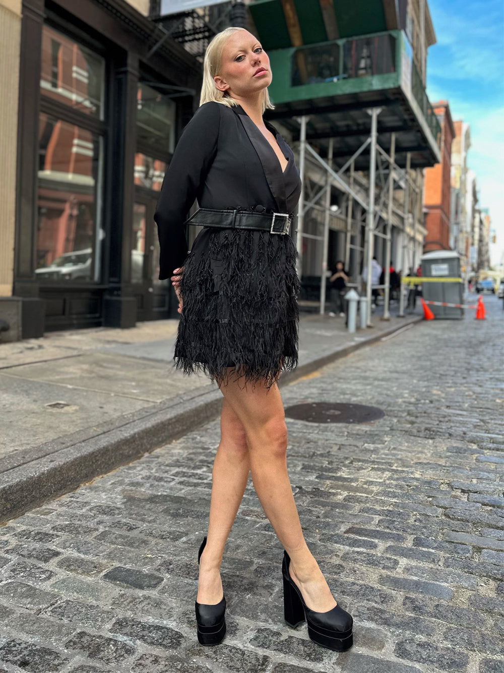 Black Shawl Collar Belted Feather Trim Long Sleeve Blazer Mini Dress