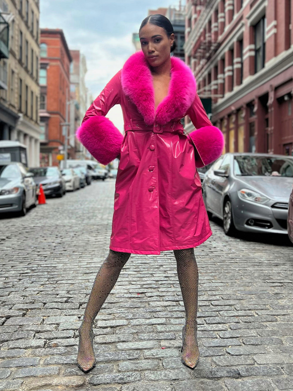 Fuchsia Fur Collar Fur Cuff Button-Up Belted Patent Leather Coat 6