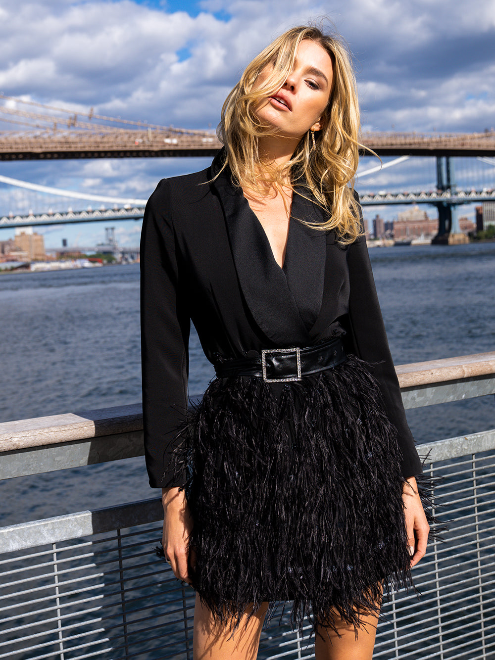 Black Shawl Lapel Long Sleeve Belted Feather Skirt Blazer Mini Dress 6