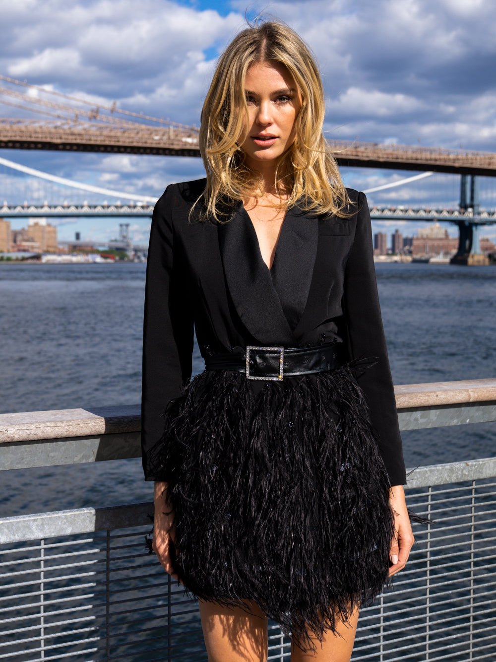 Black Shawl Lapel Long Sleeve Belted Feather Skirt Blazer Mini Dress 5
