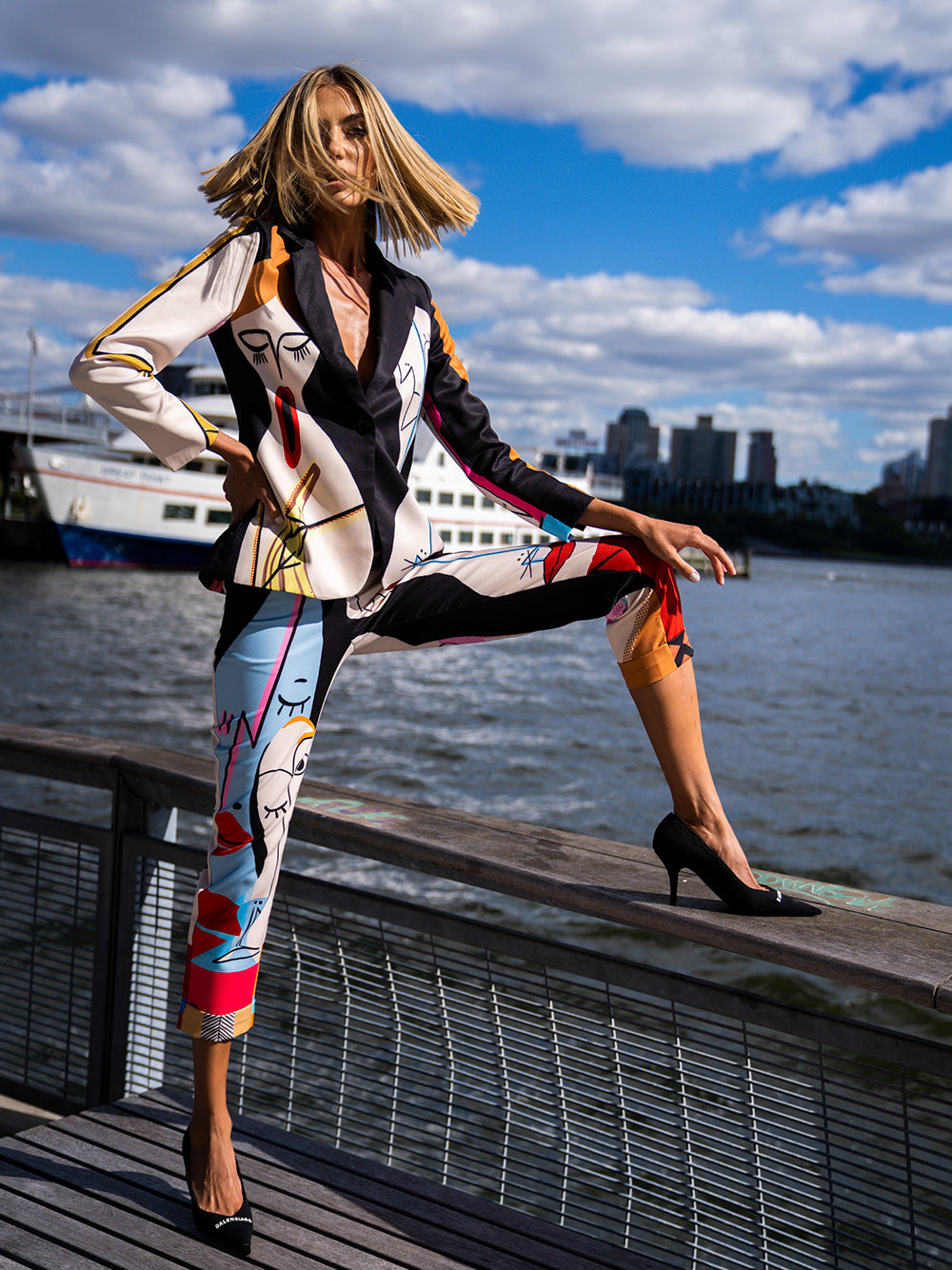 Black Abstract Face Print Blazer And Pants Matching Set