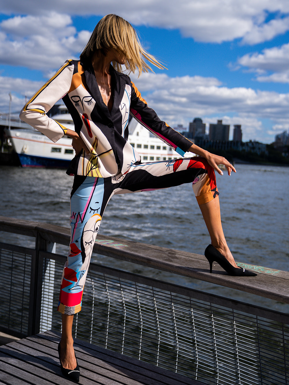 Black Abstract Face Print Blazer And Pants Matching Set