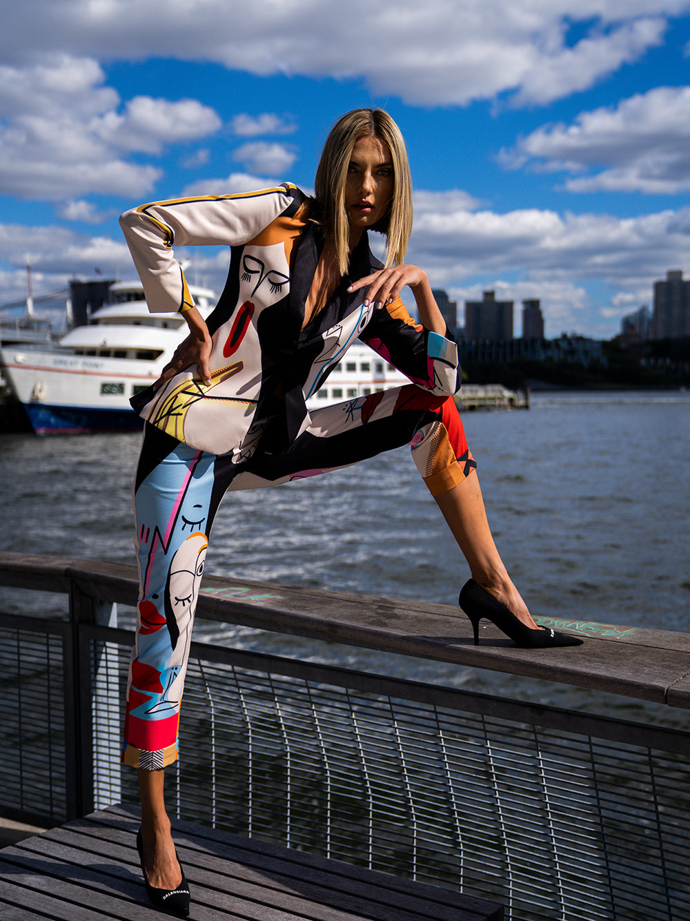 Black Abstract Face Print Blazer And Pants Matching Set