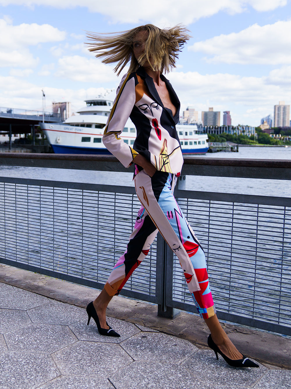 Black Abstract Face Print Blazer And Pants Matching Set
