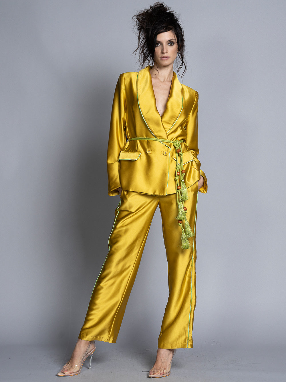 Gold Shawl Lapel Satin Tassel Belt Blazer and Pants Set