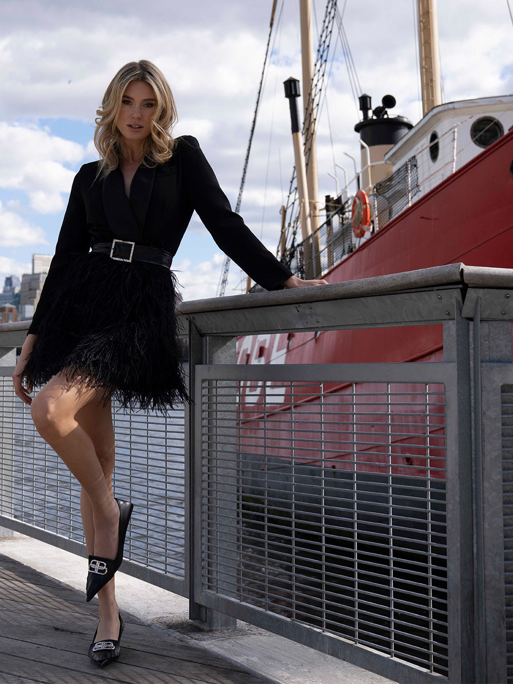 Black Shawl Lapel Long Sleeve Belted Feather Skirt Blazer Mini Dress 9