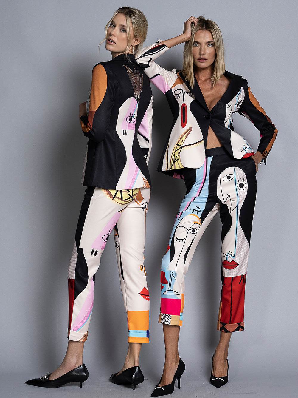 Black Abstract Face Print Blazer And Pants Matching Set