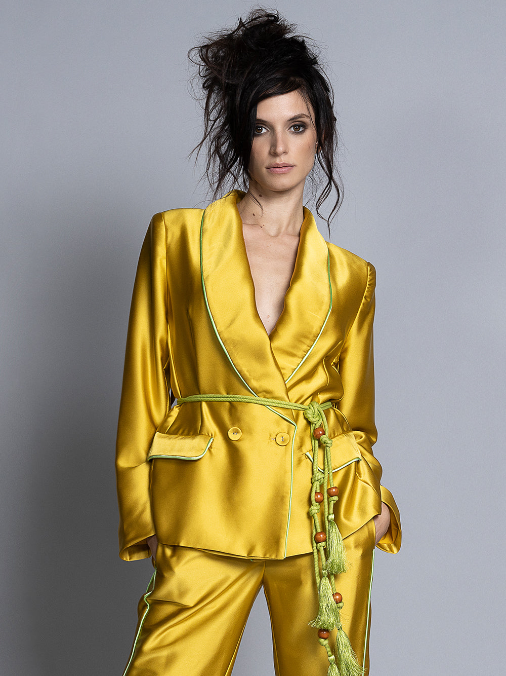 Gold Shawl Lapel Satin Tassel Belt Blazer and Pants Set