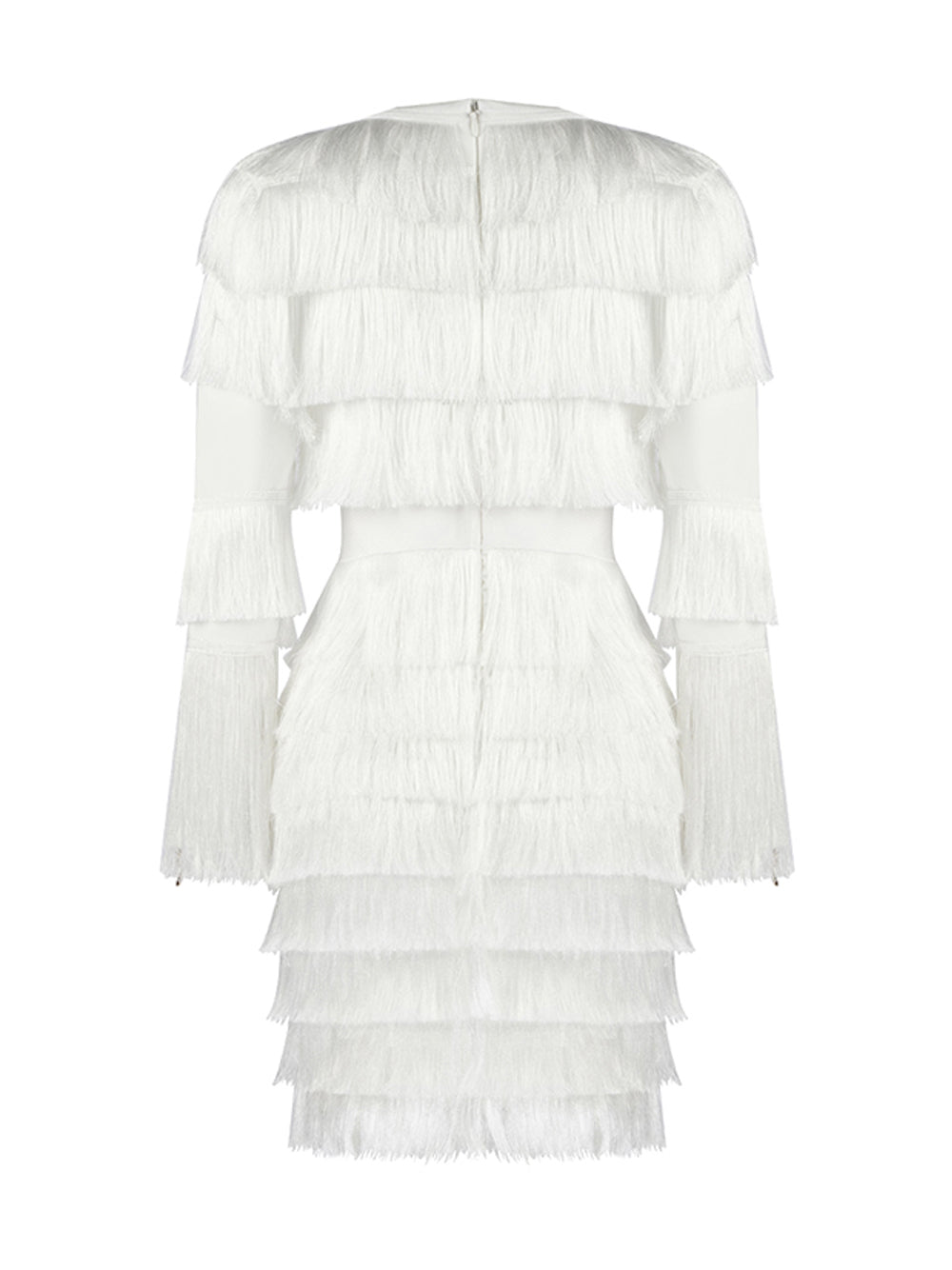 White Plunge V-Neck Long Sleeve Tiered Fringe Bodycon Mini Dress 11