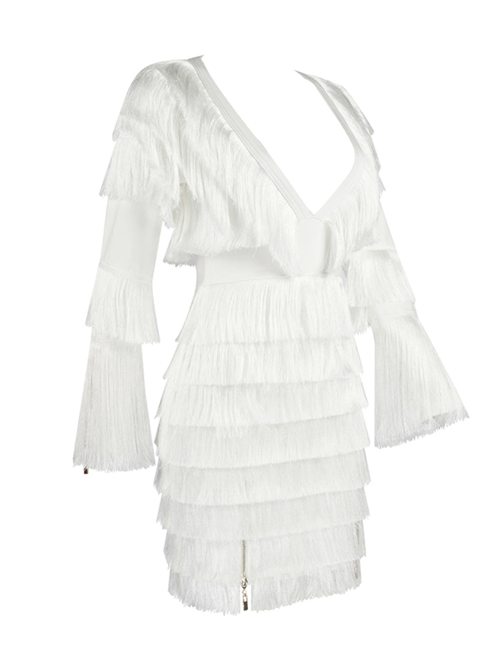 White Plunge V-Neck Long Sleeve Tiered Fringe Bodycon Mini Dress 12