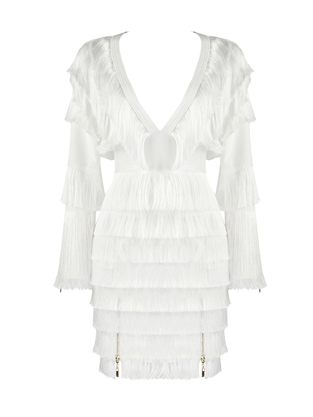White V-Neck Long Sleeve Tiered Fringe Bodycon Mini Dress 9