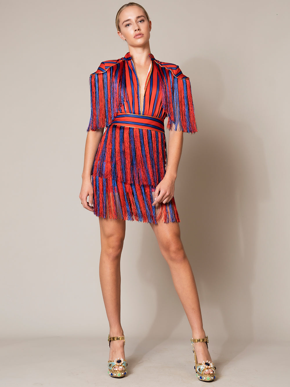 Red Collared V-Neck Striped Fringe Tassel Short Sleeve Mini Dress