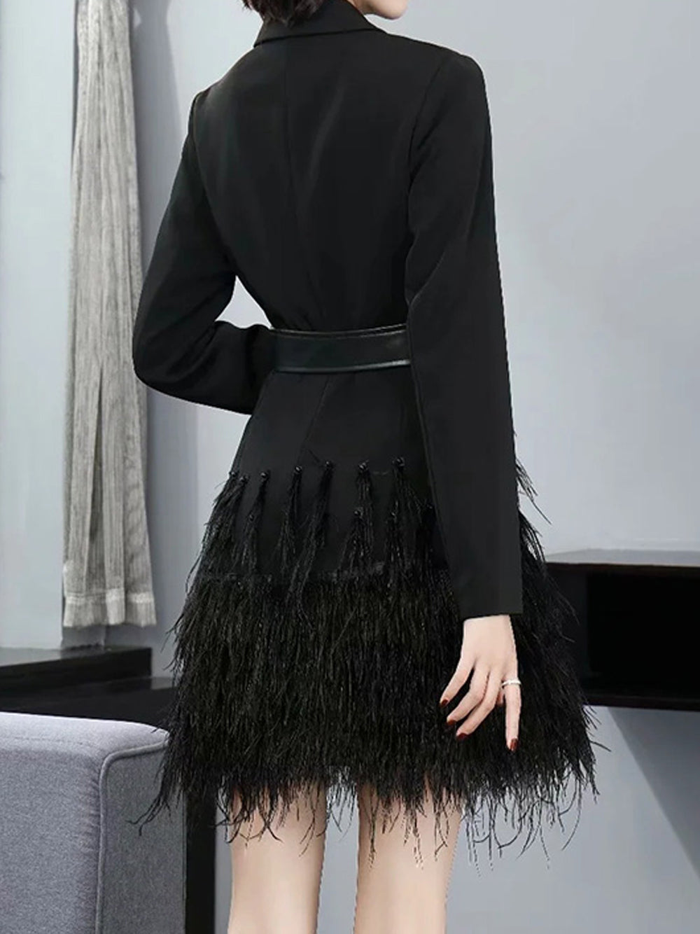 Black Satin Lapel Belted Feather Hem Long Sleeve Blazer Mini Dress 11