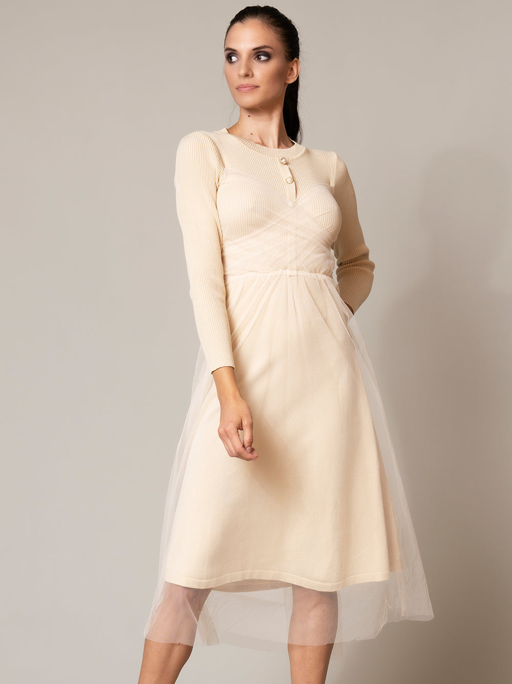 Beige Round Neck Long Sleeve Ribbed Knit Tulle Overlay A-Line Midi Dress