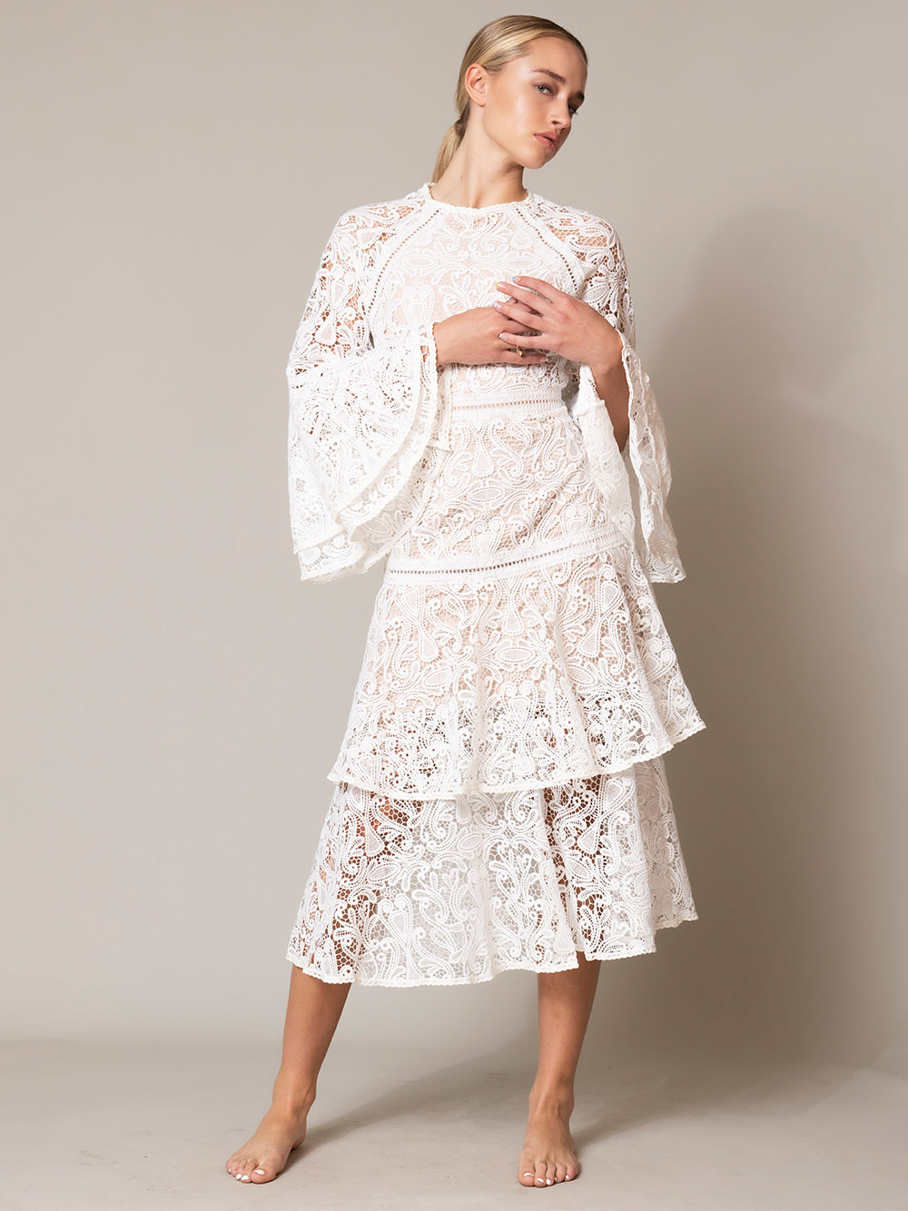 White Round Neck Bell Sleeve Crochet Lace Tiered A-Line Midi Dress
